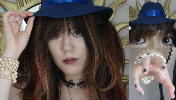 Cool makeup, drawn on bottom eyelashes, blue eyeshadow and bindi, wine stained lipstick lip color, Japanese girl street style outfit, Atelier Pierrot dress black and white, blue vintage fedora, black peace now choker with carousel of crowns, cute blue tights, pearl bead bracelent, Yohji Yamamoto cuff with studs.