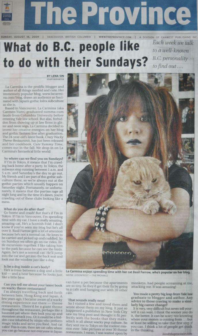 The Vancouver Province newspaper logo, masthead, What do B.C. people like to do with their Sundays?, cutest Scottish Fold cat, celebrity cats, Goth girl, dark lipstick, Tokyo Japan Gothic Lolita fashion article, J-pop center, crazy wacky theme restaurants Tokyo book