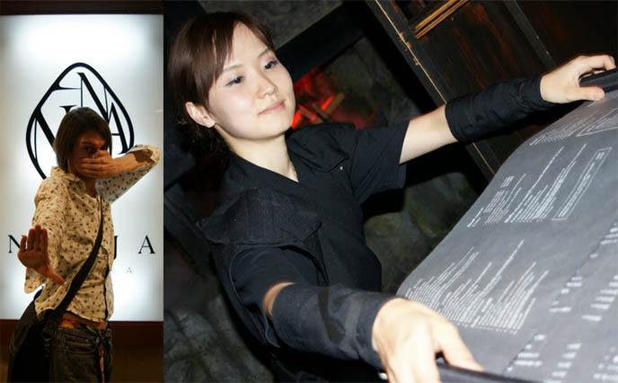 ninja restaurant, please come again, giant scroll menu, ninjas waiters, sign for Asakasa hidden entrance, Elec or Jimi of Chemical Pictures, cute Visual Kei band boys, band members groups, Visual Kei band foreigner blogger, model and acting jobs for gaijin in Japan, Crazy weird wacky Tokyo theme restaurants, La Carmina, James Blumer at Ninja Restaurant in Asakasa, Tokyo, pretty VK boys, hairstyle