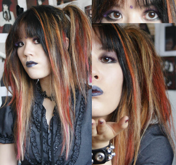 Purple fake eyelashes, blue lipstick, Makeup Forever Professional, how to do Goth eyeshadow, Gothic Lolita makeup tutorial, Mana Sama cosplay, Japanese Visual kei hairstyles, emo hair, dyed blonde and red long hair in pigtails, J-rock fans, Japanese girl street style photos, Lolita models. Cute baby Scottish Fold cat, celebrity cats, Goth girl, dark lipstick, Tokyo Japan Gothic Lolita fashion article, J-pop center, crazy wacky theme restaurants Tokyo book