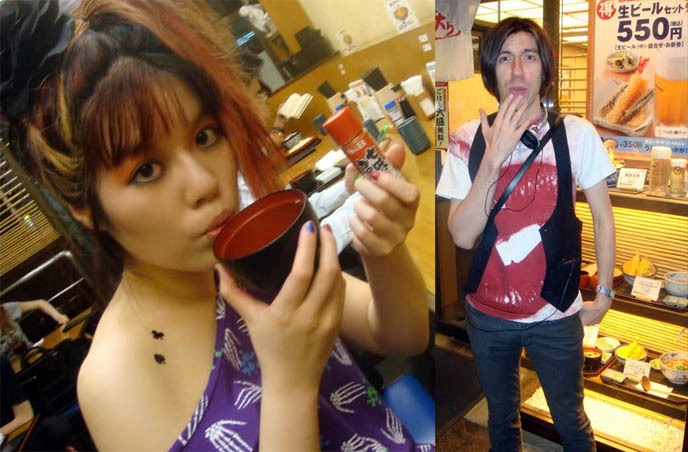 Miso soup and shichimi togarachi, seven spice powder. Tempura and rice, Japanese beer, small cafe in Koenji, hidden unknown bars and clubs, Japanese otaku cafes, nakano Broadway mall, anime manga cosplay stores, Koenji subway station in Tokyo Japan, British boy.