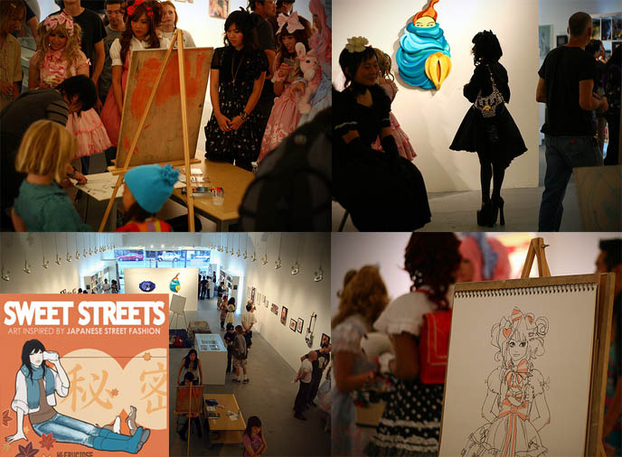 Harajuku Girls in LA, Sweet Streets art gallery Japanese pop artists, live painting, cute Sweet Lolitas drawings, Western Goth lolita, nucleus gallery los angeles CA.