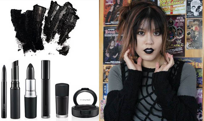 MAC black lipstick, black collection M.A.C. makeup, Gothic lip color, blackfire, Back to Black beehive and eyeliner to Steven Sprouse kohl and fringe to Gareth Pugh London New Goth