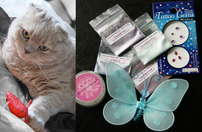 Aromaleigh Opulent Lustre makeup, metallic shimmery eyeshadows, mineral eyeshadow hypo-allergenic, Scottish Fold cat with pink mouse toy, metal powder makeup, how-to pastel eye shadow, pastel butterflies, lace hat, Japanese makeup tutorials