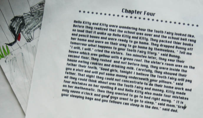 CHILDREN'S STORY ABOUT HELLO KITTY, WRITTEN ON EARLY MACINTOSH COMPUTER WITH RETRO 1980S CONTINUOUS FEED DOT MATRIX PRINTER PAPER, vintage computer printouts, where to buy old fashioned printer paper with holes, rare works by cute yummy time author, prodigy writer, book deals at young age, bloggers with publishing contracts