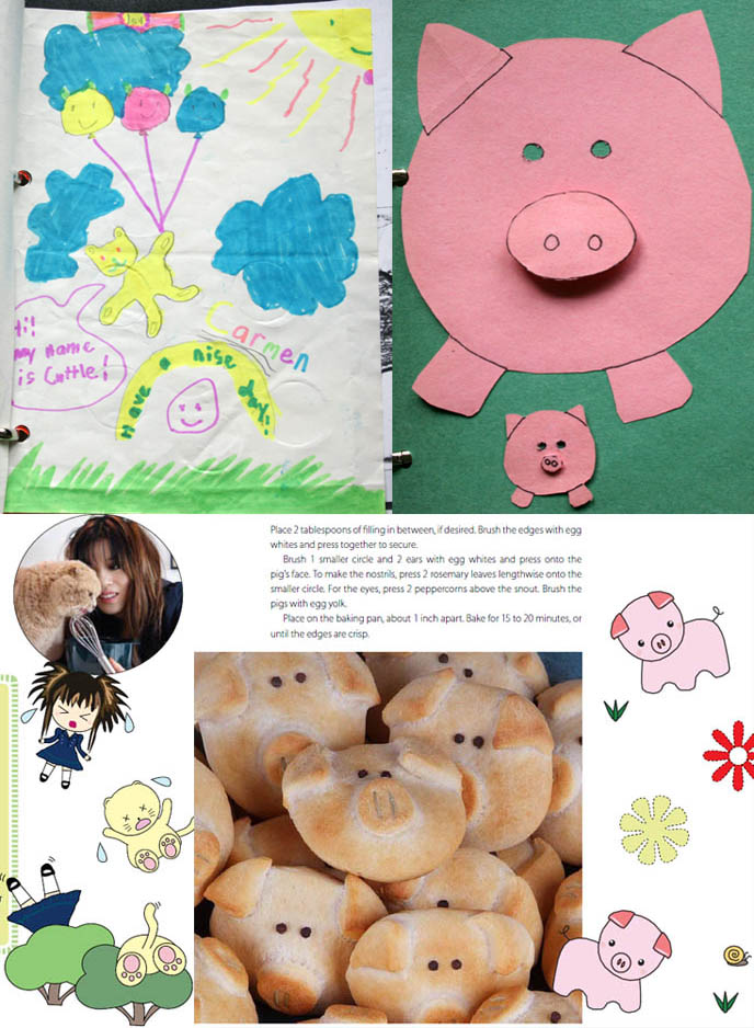 Cute Yummy Time book illustrations, pig pop up card, cute cat drawing, kid's cookbook, child illustrations, Hello Kitty drawings, Sanrio style character design, Japanese manga and anime sketches by La Carmina.