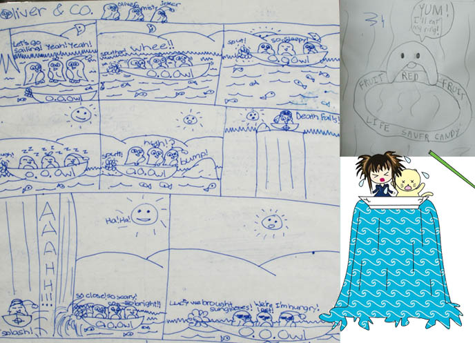 Cute Yummy Time book illustration, kid's cookbook, child illustrations, tuxedo sam penguin drawings, funny cartoon falling over waterfall, Sanrio style character design, Japanese manga and anime sketches by La Carmina.