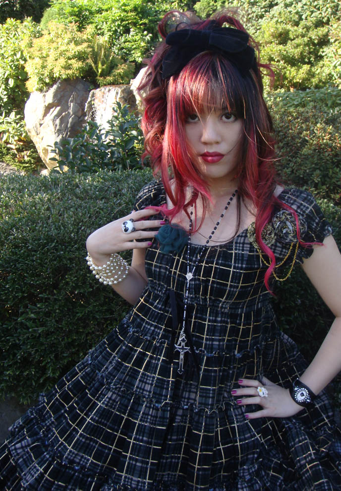 Lolitas meet up, gathering of EGL Gothic Lolitas, JAPANESE TEA PARTY LOLITA PHOTO & FILM SHOOT. pearl necklace or bracelet, CRUCIFIX ROSARY NECKLACE, PINK CURLED PRINCESS HAIR & BOOTS. checkered punk plaid lolita dress, punk loli, gosurori, documentary about gothic lolitas and Japanese Harajuku fruits fashion, world's most extreme street style