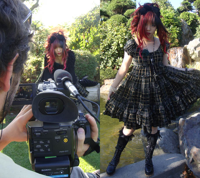 pretty cute Lolitas meet up, gathering of EGL Gothic Lolitas, JAPANESE TEA PARTY LOLITA PHOTO & FILM SHOOT. CRUCIFIX ROSARY NECKLACE, PINK CURLED PRINCESS HAIR & BOOTS. checkered punk plaid lolita dress, punk loli, gosurori, documentary about gothic lolitas and Japanese Harajuku fruits fashion, world's most extreme street style