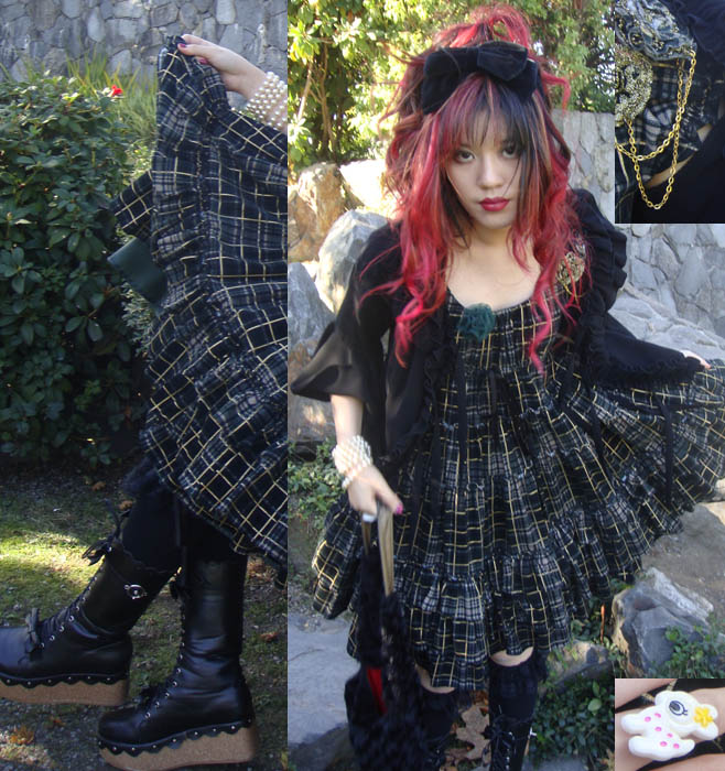 metamorphose temps de fille jacket, gathering of EGL Gothic Lolitas, JAPANESE TEA PARTY LOLITA PHOTO & FILM SHOOT. CRUCIFIX ROSARY NECKLACE, PINK CURLED PRINCESS HAIR & BOOTS. checkered punk plaid lolita dress, punk loli, gosurori, documentary about gothic lolitas and Japanese Harajuku fruits fashion, world's most extreme street style