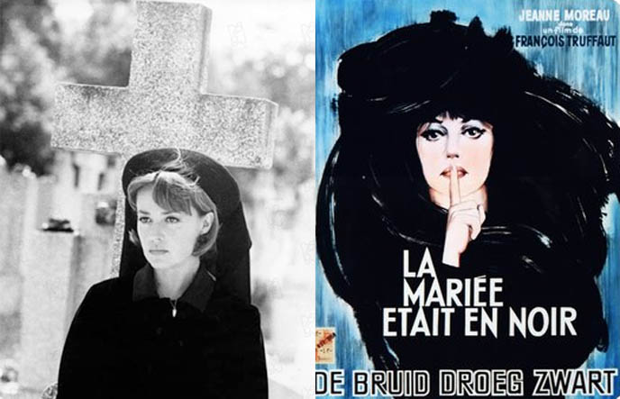 The Bride Wore Black, new wave french film directed by Francois Truffaut, starring Jeanne Moreau, Michel Bouquet, Jean-Claude Brialy, Charles Denner, Claude Rich