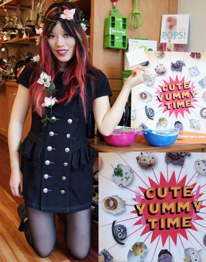 Japanese bento decoration book, CUTE YUMMY TIME WASHINGTON DC BOOK SIGNING & FREE GEORGETOWN CUPCAKES. ALGONQUINS JAPAN MILITARY DRESS, KID'S RECIPES COOKBOOK, charaben, best kid's cooking, fun quirky j-pop culture books, scene queen style and pink hair.