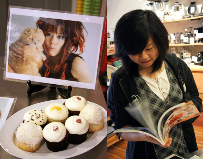 Girl flipping through pages of book, Japanese bento decoration book, CUTE YUMMY TIME WASHINGTON DC BOOK SIGNING & FREE GEORGETOWN CUPCAKES. ALGONQUINS JAPAN MILITARY DRESS, KID'S RECIPES COOKBOOK, charaben, best kid's cooking, fun quirky j-pop culture books, scene queen style and pink hair.
