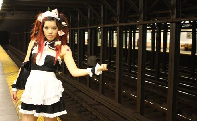 skimpy sexy maid outfit, Halloween hot Asian girl costumes, Japanese maid cafe cosplay uniforms and apron, cute kawaii Japan Chinese model, meido Akihabara fashion, otaku girls, scene queen style and pink hair, New York City J-pop and J-rock events