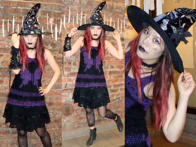 spooky ghost girl makeup, scars on face, Sally from Nightmare before Christmas, black peace now sweater Japan gothloli, Asian girl in witch's hat, cool witch costume big silver and black hat, Steampunk Haunted House at Henry Street Settlement, victorian goth creative art performance, theater in new york city, Halloween events in NYC, steampunk costumes and outfits for rent, scary horror show installation
