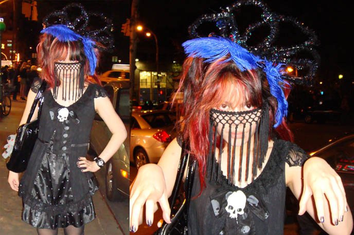 vampire masquerade costume ball, goth club events in new york city, best wildest coolest Halloween parties in NYC, steampunk gothic costumes, venetian fringe mask, Halloween outfits for rent, scary J-horror outfits. h naoto skull dress, blue feathers headpiece, fetish photography models