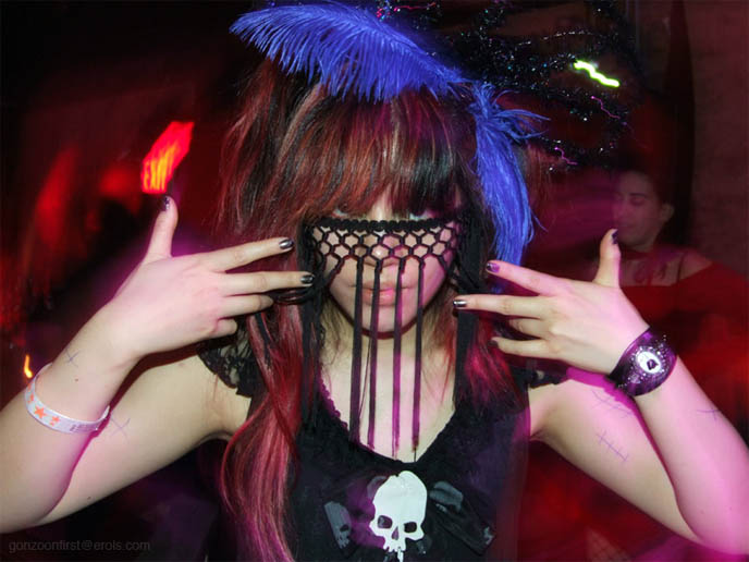 vampire masquerade costume ball, goth club events in new york city, best wildest coolest Halloween parties in NYC, steampunk gothic costumes, venetian fringe mask, Halloween outfits for rent, scary J-horror outfits. h naoto skull dress, blue feathers headpiece, fetish photography models