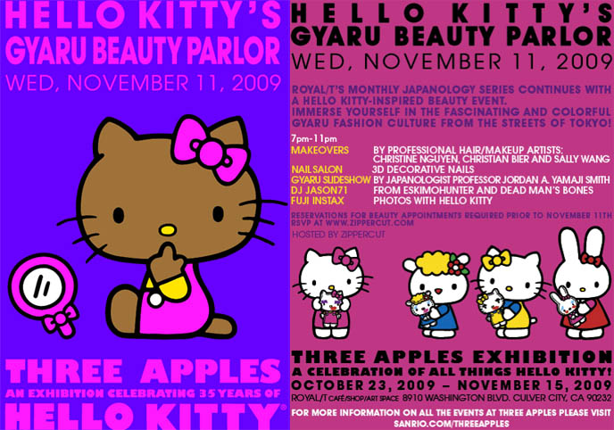 Gyaru japanese gal fashion party, Hello Kitty 3 apples anniversary party poster or invitation, gothic lolita gyaru beauty parlor at Royal T maid cafe in Los Angeles, tanned brown Sanrio Hello Kitty cat graphic logo