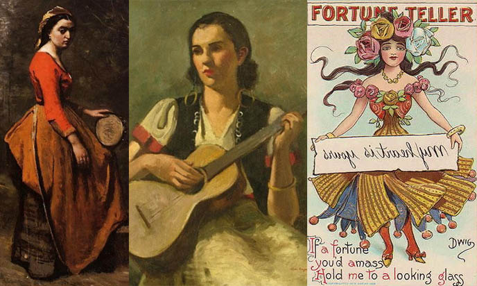 romantic gypsy, vintage 19th century poster for fortune teller, gypsy girls pretty with guitars, musicians gypsies, art and painting of gypsies in caravan with long skirts, fashion