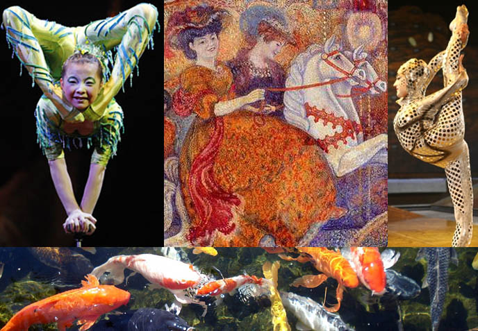 cirque du soleil, Chinese acrobats, contortionists, circus performers Asian, 19th century carousel, old fashioned vintage amusement parks, koi pond fish