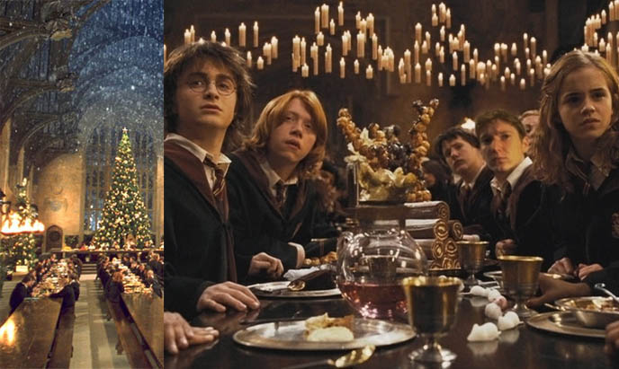 harry Potter great hall, movie clip, Harry Potter food and drink in boarding school, magic book by JK Rowling, Pumpkinjuice and Berty Butt's Every Flavour Beans