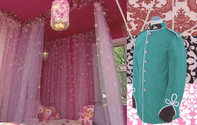 pink princess dream bedroom decor and design, damask pink soft rococo pastel wallpaper, tulle curtains, pretty girl's room with curtains over bed, sheer mosquito net decoration, Victorian 19th century tunic, military teal outfit