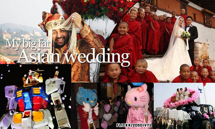 Lavish Asian weddings, Shilpa Shetty big fat Indian Bollywood wedding, marriage ceremonies with gundam robot in Tokyo, Hello Kitty weddings at Sanrio theme park, strange creative weird weddings in Asia, China tractor wedding
