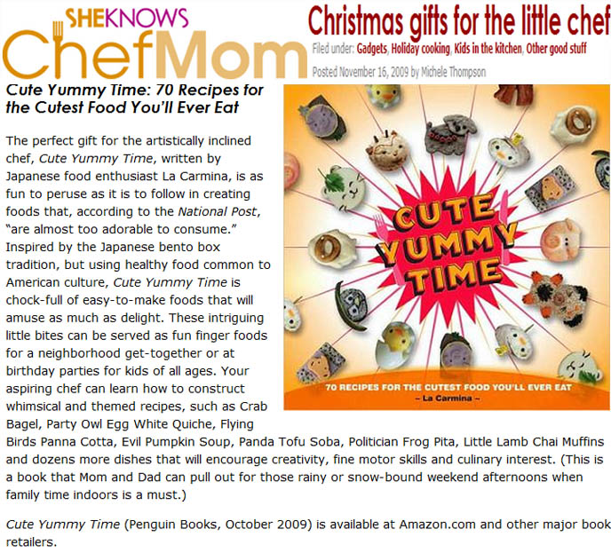 Cute Yummy Time book review, La Carmina recipe cookbook cover, 70 recipes for the cutest food you'll ever eat, best bento cookbook, cutest food, kawaii bento boxes, lunch in box for children, Japanese recipes for Hello Kitty shaped food, characters in kid's lunches, bento equipment and tools