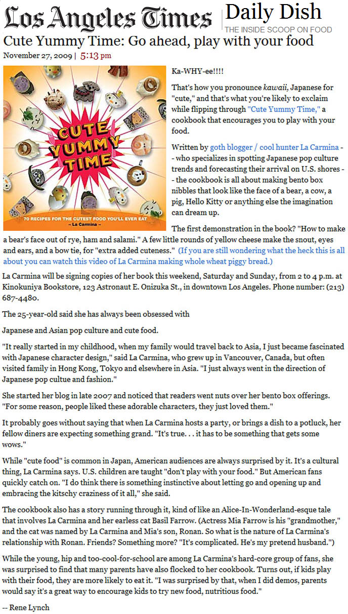 LA Times cute food and bento box decoration article, book reviews of La Carmina, charaben face food, Cute Yummy Time author, Los Angeles Times logo and article about young author