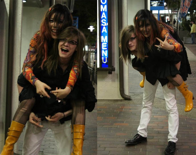 feminine boys, piggy back ride funny photo, Little Tokyo in Los Angeles best sushi restaurants, cheap good sushi in LA, malice mizer goth aristocrat male boystyle, kodona, ouji, cute Japanese j-rock boys, street style for men, male streetwear, Visual Kei hair, makeup, male Gothic Aristocrat EGL clothing, Jrock hair cuts, how to do visual kei hairstyles, tutorials, La Carmina, black Lolita dress and rainbow Vivienne Westwood ganesha elephant god top