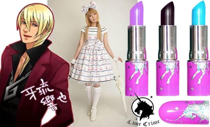 Baby the Stars Shine Bright magazine ad, big bow in hair and sailor loli dress, Klavier Gavin, cute attorney rock star from Phoenix Wright video game for nintendo ds, anime character boys, Visual Kei blond hair, yaoi characters, lime crime lipstick tubes, bright colored lipsticks, Japanese street fashion, Harajuku fruits style, sweet lolita dress btssb, maid cafes, weird japan