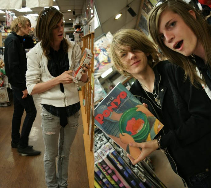 Ponyo Miyazaki book, art of Ponyo film anime, Jungle Cure visual kei j-rock music store, cd shop for Japanese CDs, j-pop albums, where to buy in USA, LA japanese anime manga shop, kawaii Sanrio store in Little Tokyo Los Angeles, Cure Magazine, long hair on men, emo scene hair, visual kei boys, heavy metal hand sign and symbol, cute teenage boys laughing, teens hanging out, jrock yaoi boyslove.