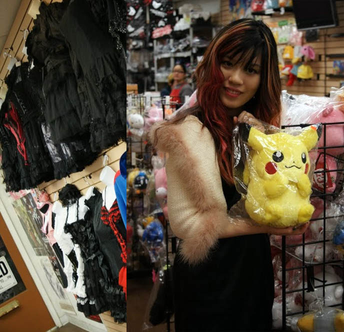 Girl holding cute Pikachu stuffed toy, plush toys Pokemon, gothic lolita dresses shopping for sale in America, Jungle Cure visual kei j-rock music store, cd shop for Japanese CDs, j-pop albums, where to buy in USA, LA japanese anime manga shop, kawaii Sanrio store in Little Tokyo Los Angeles, Cure Magazine, long hair on men, emo scene hair, visual kei boys, heavy metal hand sign and symbol, cute teenage boys laughing, teens hanging out, jrock yaoi boyslove.