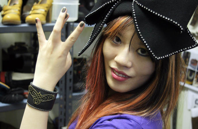 1950s hat with giant bow, pretty Gothic Lolita hats, leather wristband with metal detailing, gothic emo bracelets, Goth headgear millinery, coolest pumps and boots, punk alternative gothic shoes and boot, London Underground shoes, Lip Service, Demonia footwear. Ladies and mens street style, cyber industrial shoes and leather fetish boots.