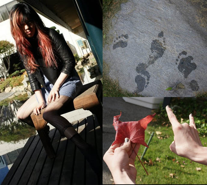 Kyoto Grand hotel in Los Angeles, Zen garden, meditation pond, Japanese park and gardens in LA, wet footprints on stone, red maple leaf, heavy metal hand sign, Buddhist fashion