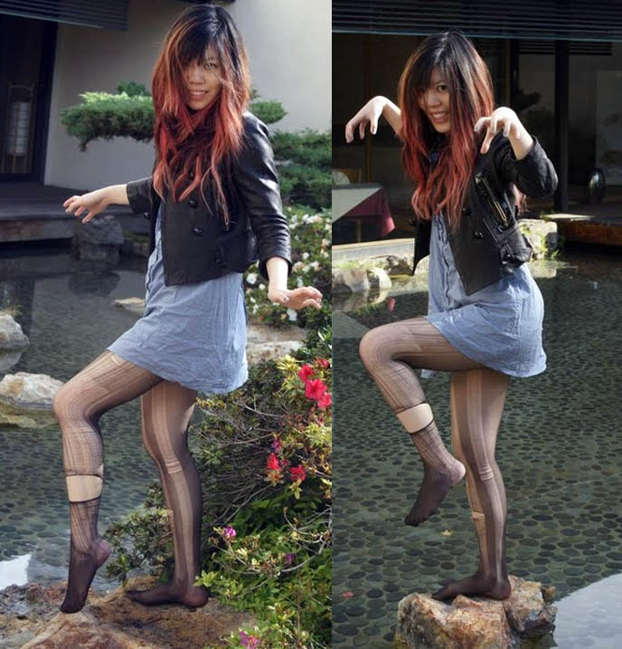 Karate kid fighting pose, standing on one leg balancing, Japan Buddhist temple stone garden pond, girl with ripped tights, women's leather jacket, Kyoto Grand hotel in Los Angeles, Zen garden, meditation pond, Japanese park and gardens in LA, fun poses model