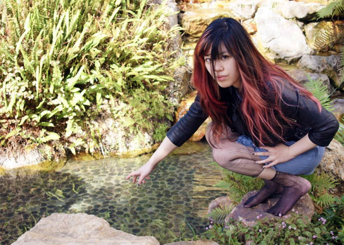 Zen girl, ripped stockings woman, pretty Japanese gardens, Japan Buddhist temple stone garden pond, Buddhism meditation photos, Kyoto Grand hotel in Los Angeles, Zen water garden, meditation pond, Japanese park and gardens in LA