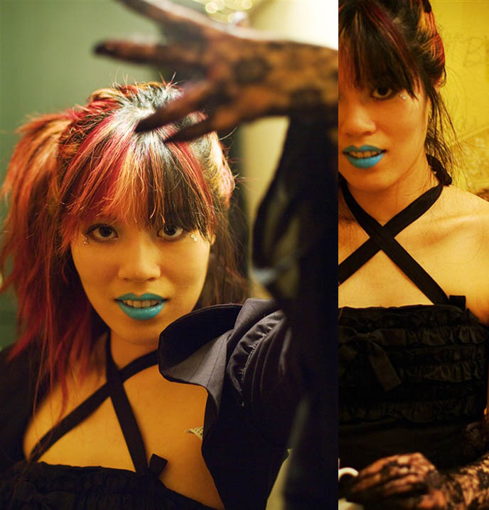 Victorian Maiden goth lolita dress, where to buy lolita dresses and clothes online, shipping to America USA and internationally, blue Mana Sama Malice Mizer lipstick, strange bright lip colors, makeup from Lime Crime, pink long streaked hair, emo goth hairstyles inspiration.