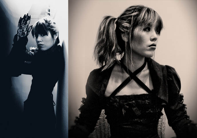 Victorian Maiden goth lolita dress, where to buy lolita dresses and clothes online, shipping to America USA and internationally, blue Mana Sama Malice Mizer lipstick, strange bright lip colors, makeup from Lime Crime, pink long streaked hair, emo goth hairstyles inspiration.