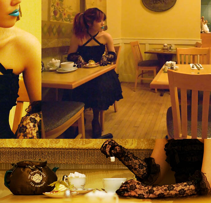 Secret Garden tea house in Vancouver BC, girl tea party with teapot and cups, dropping sugar cube into cup of tea, long retro vintage lace gloves, Victorian Maiden goth lolita dress, where to buy lolita dresses and clothes online, shipping to America USA and internationally, blue Mana Sama Malice Mizer lipstick, strange bright lip colors, makeup from Lime Crime, pink long streaked hair, emo goth hairstyles inspiration.