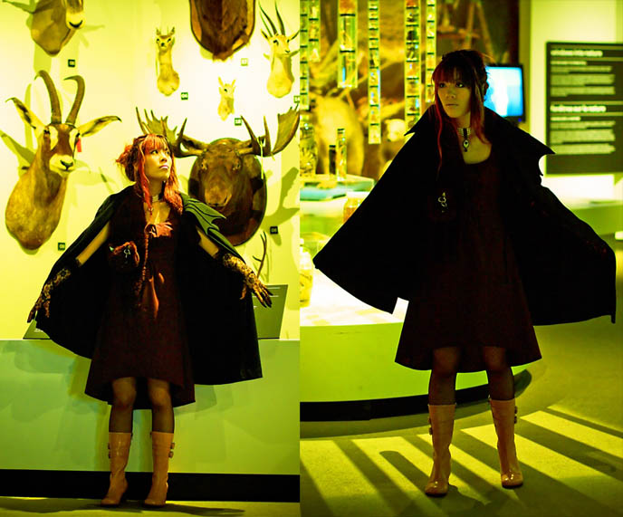 black peace now vampire cape, designer couture long black cape, goth macabre fashion, Taxidermy museum, Victoriana vintage home decoration, Doe Deere lime crime makeup, alternative Goth dress shopping and clothing, light purple lipstick, lavender lipsticks from Lime Crime, Gloomth gothic lolita dress, black long lace gloves, Asian retro vintage girlie photos.