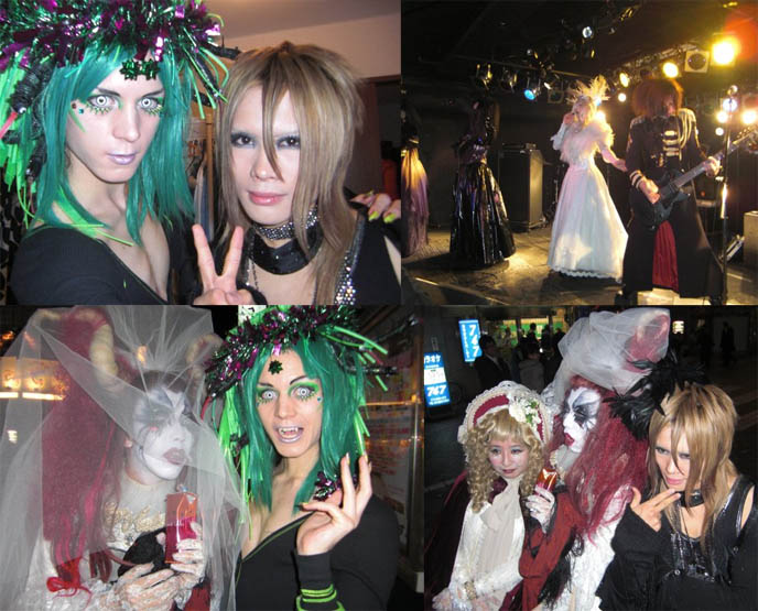 Japanese men in drag, crossdressing transsexuals, DJ Sisen in makeup and horns, Medusa halloween costume, green cyber wig, cool Japanese anime contact lenses, cute visual kei jrock girly boy, Seileen, Selia japanese opera singer performer, Goth Tokyo party Artism Festa 2009