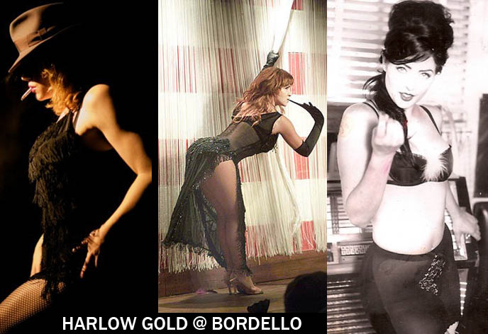 Harlow Gold, burlesque show at Bordello club and bar in downtown Los Angeles, burlesque performer girls, dancing, retro strippers