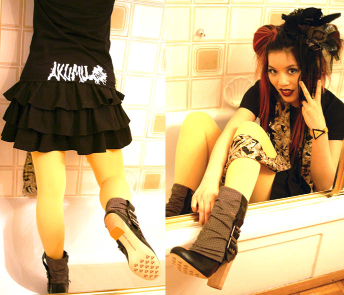 Yellow tights, yellow stockings, london underground cloth ankle boots, Sailor moon hair, cosplay anime hairstyles, Goth fetish makeup, SuicideGirls model, Akumu Ink gothic steampunk t-shirts, nightmare before christmas character and skull graphic design, Alexora 1980s triangle shaped watch, high exposure fashion modelling photos, La Carmina makeup and clothing line, Lime Crime black lipstick, Aromaleigh mineral eyeshadows