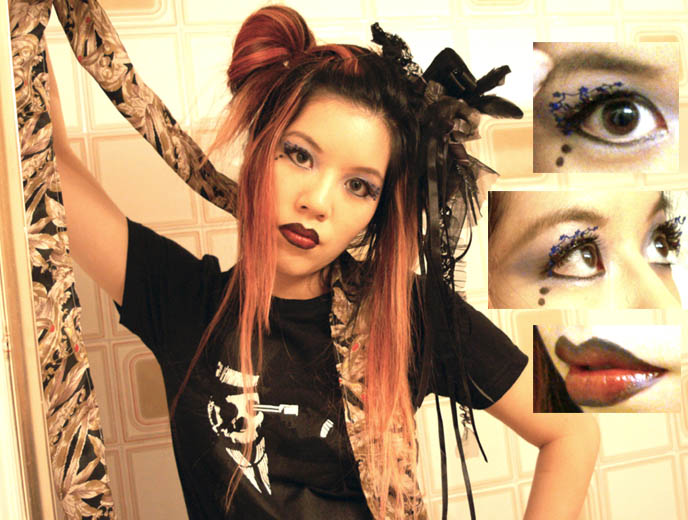 extreme eyelashes, crazy wild cyber handmade fake eye lashes, Sailor moon hair, cosplay anime hairstyles, Goth fetish makeup, SuicideGirls model, Akumu Ink gothic steampunk t-shirts, nightmare before christmas character and skull graphic design, Alexora 1980s triangle shaped watch, high exposure fashion modelling photos, La Carmina makeup and clothing line, Lime Crime black lipstick, Aromaleigh mineral eyeshadows