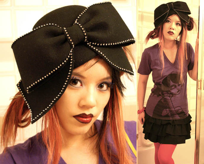 Aretha Franklin crazy hat, where to buy hat Aretha Franklin wore to Obama inaugural ceremonies, big silly giant hat with bow on it, cosplay anime hairstyles, Goth fetish makeup, SuicideGirls model, Akumu Ink gothic steampunk t-shirts, nightmare before christmas character and skull graphic design, light pink dyed hair, emo girl, dark red lipstick gothic, high exposure fashion modelling photos, La Carmina makeup and clothing line, two tone black lipstick, Aromaleigh mineral eyeshadows