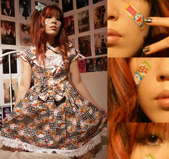 Bodyline dress, sweet lolita fashion, kawaii jsk, rilakkuma bear apron, funny sanrio, baby the stars shine bright and gloomy bear, decora hair, japanese harajuku style, Doraemon bandaids, frilly lace pink bows lolitas, children's dress on woman, curled pink scene emo hair.