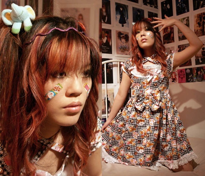 Bodyline dress, sweet lolita fashion, kawaii jsk, rilakkuma bear apron, funny sanrio, baby the stars shine bright and gloomy bear, decora hair, japanese harajuku style, Doraemon bandaids, frilly lace pink bows lolitas, children's dress on woman, curled pink scene emo hair.