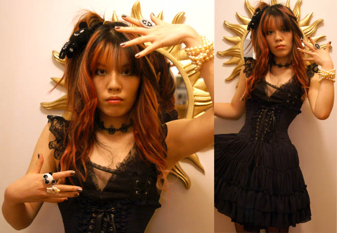 SILVER GOTH CRUCIFIX CROSS RING, ALICE & THE PIRATES HIGH CORSET WAIST SKIRT, GOTHLOLI HAIR, DARK CABARET NEO-VICTORIANA STYLE. Cute panda ring from Tokyo Japan, faded pink long curled hair, Jrock hairstyles, gothic lolita tops and dresses, black rabbit stuffed toy.