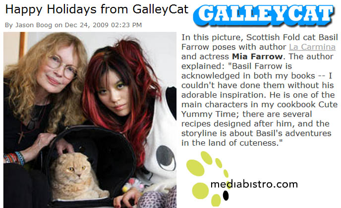 Basil Farrow, Mia Farrow, celebrity cats, famous actress pets, Scottish Fold kitty teddy bear, La Carmina, fat Garfield yellow cat inside carrying case, earless flop-eared rare breed of cat, where to buy scottish folds, breeders, funny cute LOLCAT pet photos, silly pet pictures, earless cat, floppy eared scottish folds, raising pet scottish fold cats, pet cat medical care スコティッシュフォールド, 猫